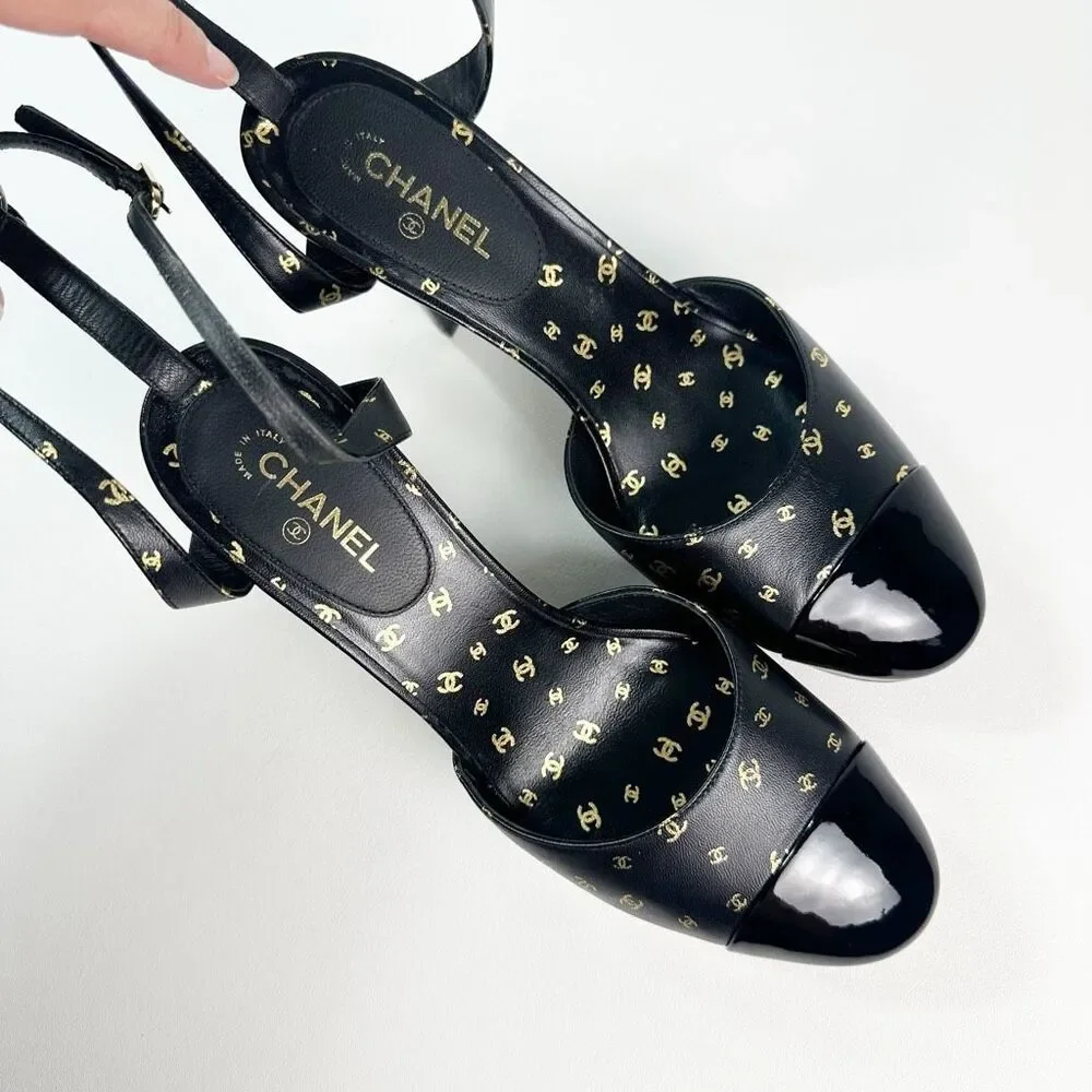 CHANEL 2023 All Over Interlocking CC Logo Black Heels Size 38 Platform Cap Toe
